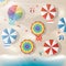 Bright Illustration of colorful parasols and sea