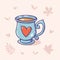 Bright illustration of exquisite mug, cup of tea or coffee with heart in doodle style isolated on a light background