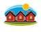 Bright illustration of simple country houses on sunrise background. Summertime conceptual fairy image, graphic design.