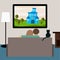 Bright illustration in trendy flat style with couple and cat watching the adventure film on television sitting on the couch in the