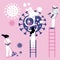 Bright illustration, a vector, a fight between medics and scientists with coronavirus. Collaboration of humans, they study, fight