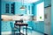 bright ious kitchen with furniture set in home interior blue