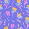Bright iris flowers seamless pattern on blue background. Vector modern floral summer illustration for branding, package, fabric