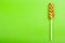 Bright juicy colored lollipop on a green paper background. Lollipop in the form of a color spiral. Fruit candy.