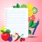 Bright juicy fruits around a sheet of notepad