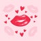 Bright juicy lips with hearts for the Day of Kisses. Color illustration of voluminous plump lips. Air kiss. Idea for