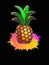 Bright juicy print with a picture of pineapple in bright pink-orange splashes on a black background. A print with a neon colorful