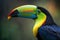 A bright keel billed toucan bird is shown up close