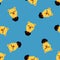 Bright kids seamless pattern with yellow doodle bear silhouettes with tuxedo and glasses. Blue background