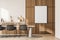 Bright kitchen room interior with white empty poster, six chairs