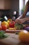 Bright Kitchen with Wooden Countertop, Abundant Fruits and Vegetables, and Blurry Chef in the Background