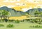 Bright landscape with sunset, lake, mountains and coniferous forest. Watercolor nature hand draw vector illustration. All elements