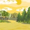 Bright landscape with sunset, mountain and coniferous forest. Nature hand draw vector Illustration in green and yellow colors.