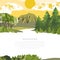 Bright landscape with sunset, mountain and coniferous forest. Nature hand draw vector template with place for text. Collage with