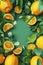 Bright lemon top view mockup. Lemon and green branches in layered paper cut style. Green background, vibrant citrus fruits, empty