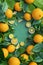 Bright lemon top view mockup. Lemon and green branches in layered paper cut style. Green background, vibrant citrus fruits, empty