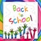Bright letters Back to school on a bright background of colorful lines and children`s hands Creative design young theme modern