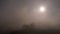 Bright Light of the Rising Sun Breaks through Thick Morning Fog. 4K. Close up