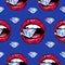 Bright lips holding a sparkling brilliant. Seamless pattern. Realistic graphic drawing. Background. Blue color