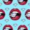 Bright lips holding a sparkling brilliant. Seamless pattern. Realistic graphic drawing. Background. Light blue color