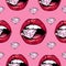 Bright lips holding a sparkling brilliant. Seamless pattern. Realistic graphic drawing. Background. Pink color