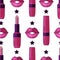 Bright lipsticks and lips, seamless pattern in the style of a flat vector