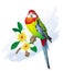 Bright little parrot on a blossoming branch
