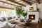 bright living room with white couches, a brick fireplace, and exposed beams