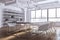 Bright loft meeting room interior with bookshelves, wooden flooring, furniture and panoramic window with city view and daylight.