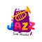 Bright logo for jazz live concert. Original music badge with golden trumpet and colorful text. Flat vector design