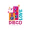 Bright logo with subwoofers. Love disco music. Audio speakers. Vector emblem for record studio, night club, dance school