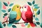 bright lovebirds sit and love each other on a tree branch. husband and wife love for life, valentine\\\'s day