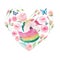 Bright lovely cute fairy magical colorful heart of unicorn with spring pastel cute beautiful flowers