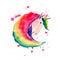 Bright lovely cute fairy magical colorful pattern of unicorn on red spray background watercolor hand illustration