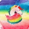 Bright lovely cute fairy magical colorful portrait of unicorn on pink and red on watercolor rainbow background. Watercolor hand sk