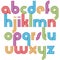 Bright lowercase letters with rounded corners, animated spherical striped font.