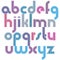 Bright lowercase letters with rounded corners, animated spherical striped font.