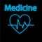 Bright luminous blue medical scientific digital neon sign for a pharmacy store or hospital laboratory. Beautiful shiny heart with