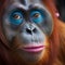 Bright make-up of a female orangutan monkey, blue shadows, red hair, spectacular work of a makeup artist,