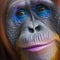 Bright make-up of a female orangutan monkey, blue shadows, red hair, spectacular work of a makeup artist,