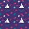 Bright marine pattern with fantastic fish, ships, starfish and shells