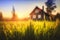 Bright meadow grass at dawn with a rustic house in the background