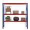 Bright metal shelving unit with wooden crates and houseplant on white background