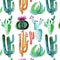 Bright mexican hawaii tropical green floral herbal summer pattern of a different colorful cacti with flowers vertical pattern wate