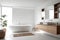 Bright minimalist bathroom with wood elements