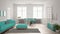 Bright minimalist living room with sofa and dining table, scandinavian white and turquoise interior design