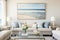 Bright minimalistic interior, contemporary design for living room with huge painting of the sea and beach on the wall. Generative