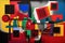 Bright modern Cubist style decorative abstract painting in bold primary colors. generative ai