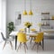 Bright modern dining room with yellow elements. Spacious functional dining room interior design with yellow chairs in minimalistic