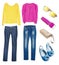 Bright modern jeans blouse set collage isolated.